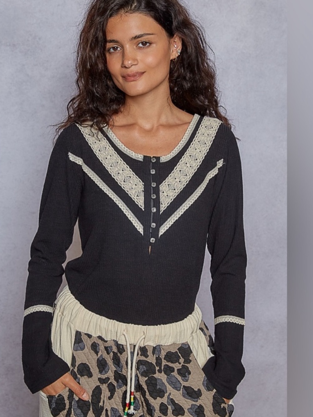 #196-49 POL New Black Long-Sleeve Crochet Trim Henley Top